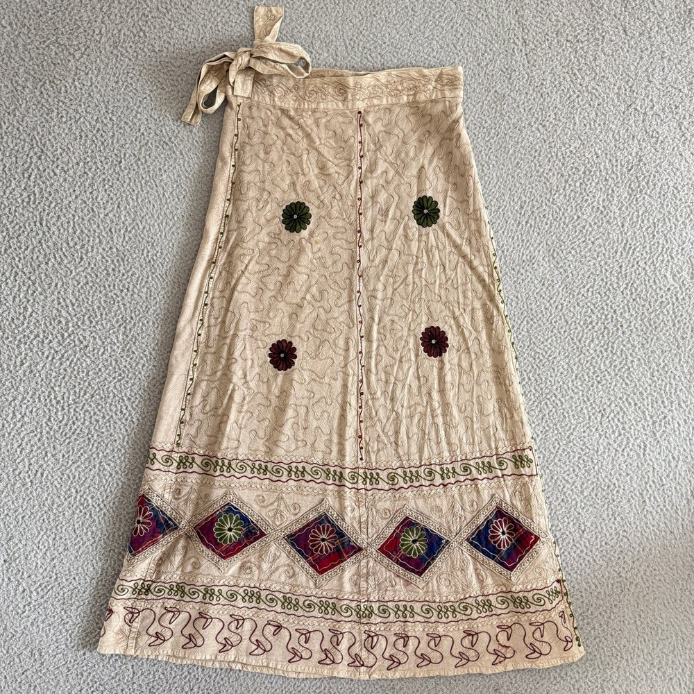 Shoreline Tan Embroidered Wrap Maxi Skirt Medium Floral Patchwork